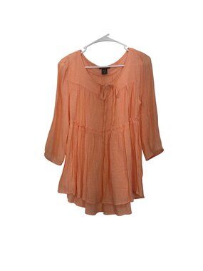 Robert Louis Orange Peach Boho Tunic Top Size M With 3/4 Sleeves & Tiered Design